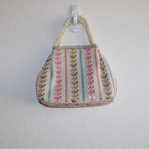 White multi color mirror with pearl handle small hand bag